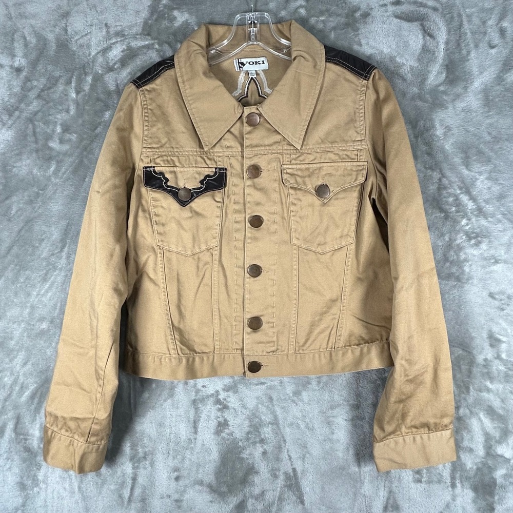 Yoki Womens Large Tan Western Embroidered Cropped Trucker Jacket Button Front